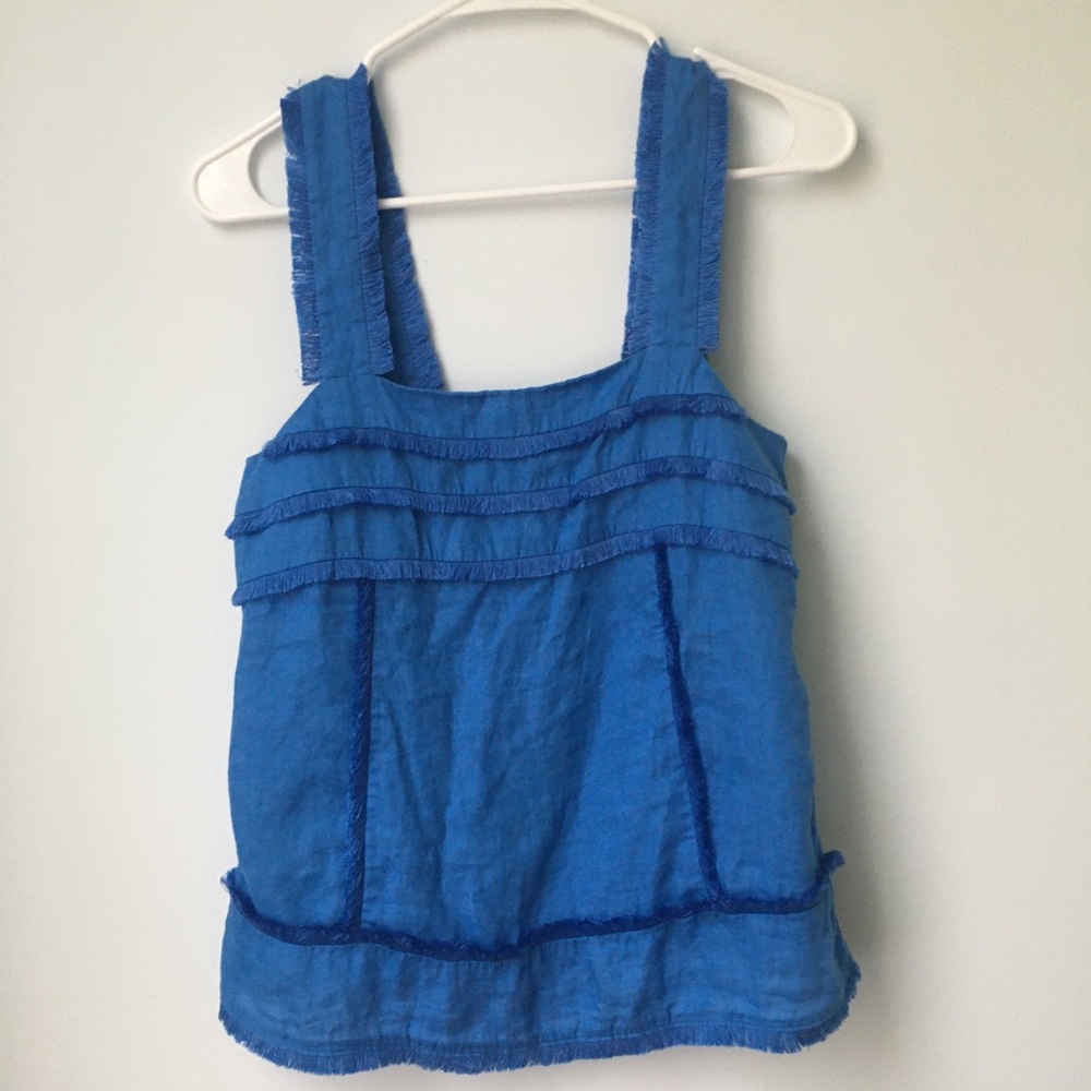 J Crew linen fringed square neck tank top wide straps 0 XS S women's